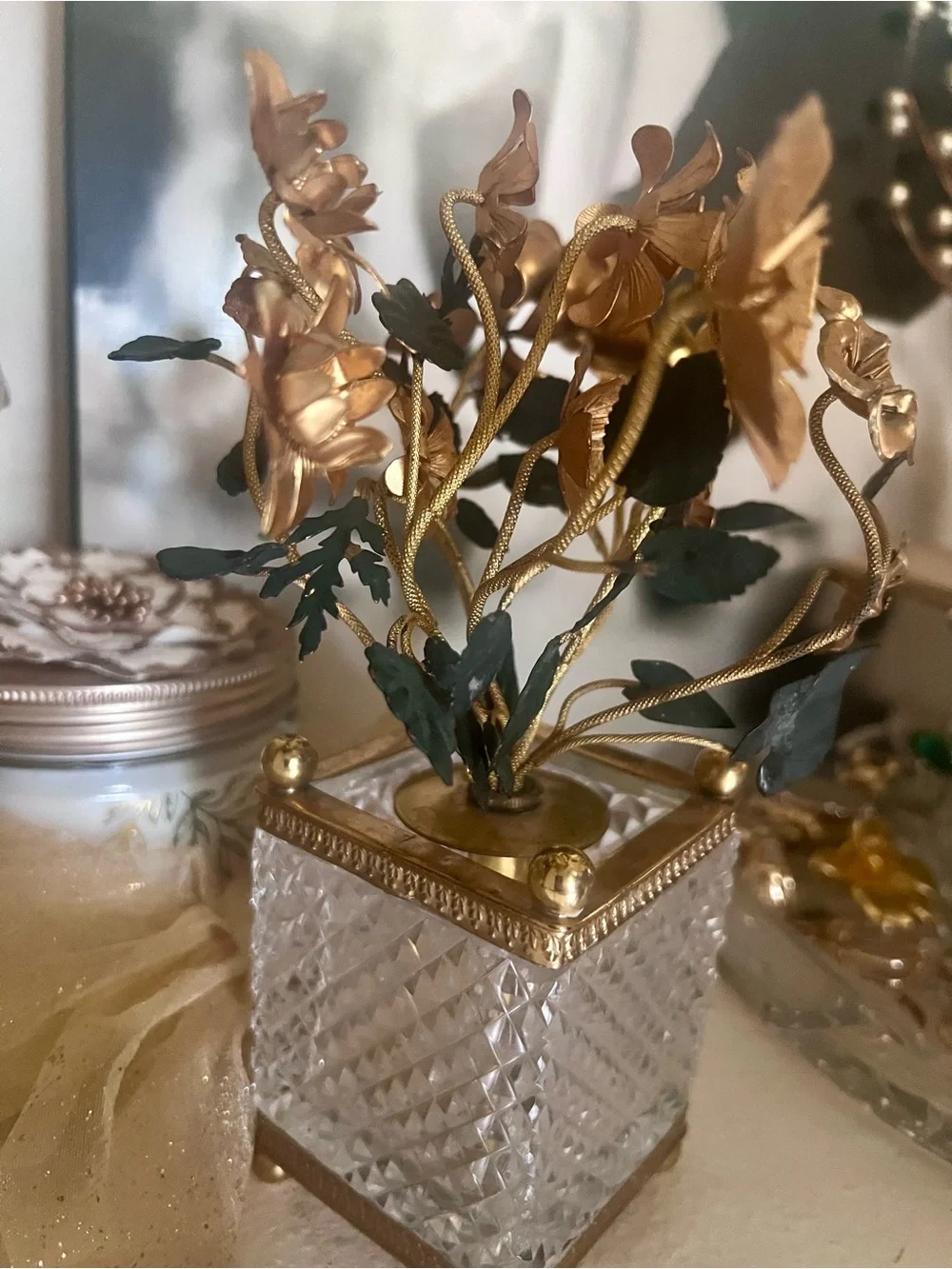 vintage Baccarat Style like French Crystal Gilt & Patinated Bronze Floral